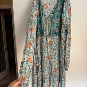 Button front drawstring boho maxi Floral Long Sleeve Dress